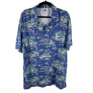 Izod Saltwater Hawaiian Blue Tropical Button Up Short Sleeve 100% Cotton Shirt L